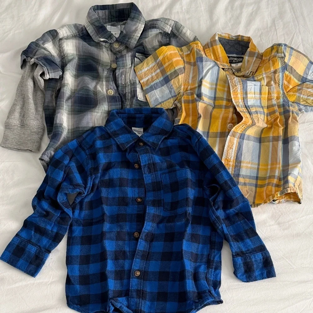 OshKosh B'gosh Kids Plaid Button Down Shirts - Blue, Yellow, Gray size 2T